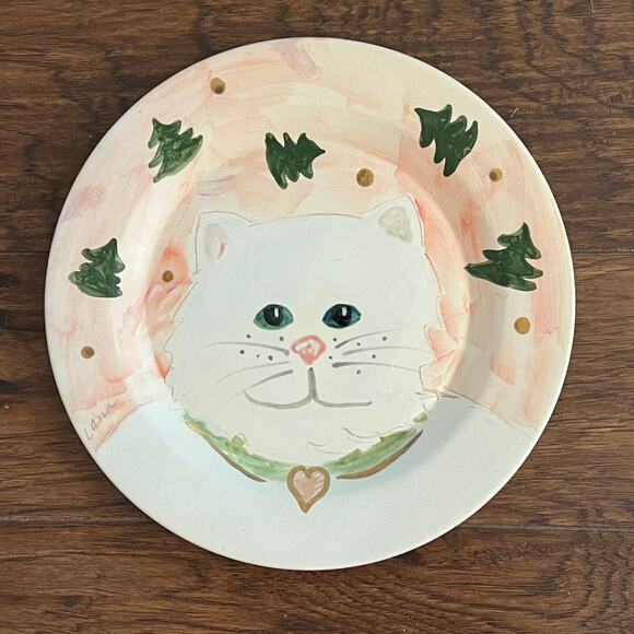 White Cat Christmas Cookie Plate with Scattered Christmas Trees - Picture 2 of 9